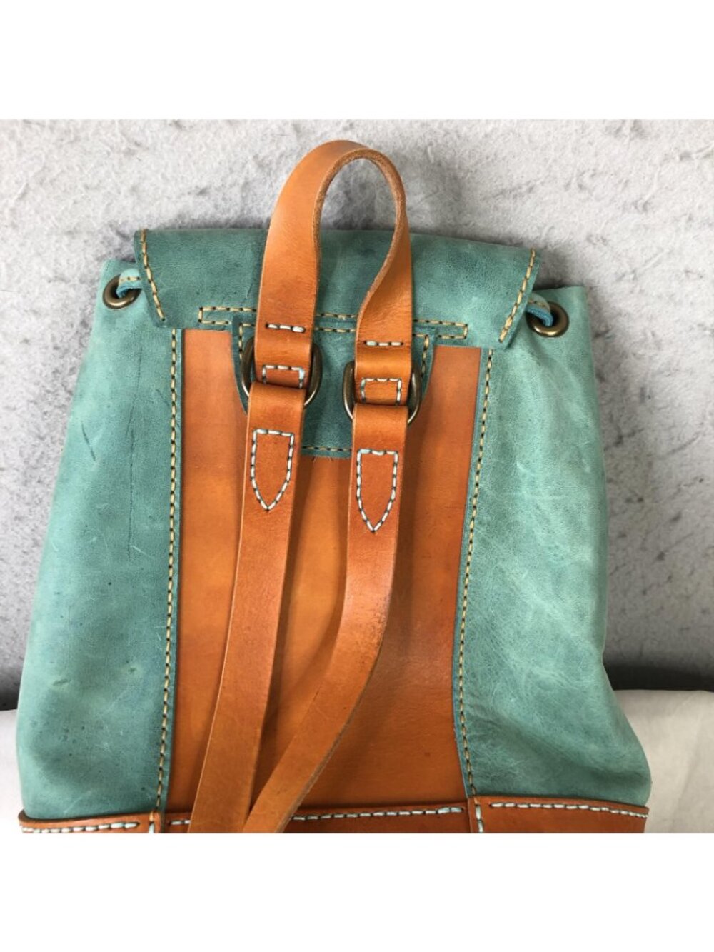 Bespoke Backpack Bag Womens Small Turquoise Brown Leather Boho Drawstring Casual - Picture 15 of 16